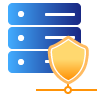 website security icon of a shield in front of a web hosting server