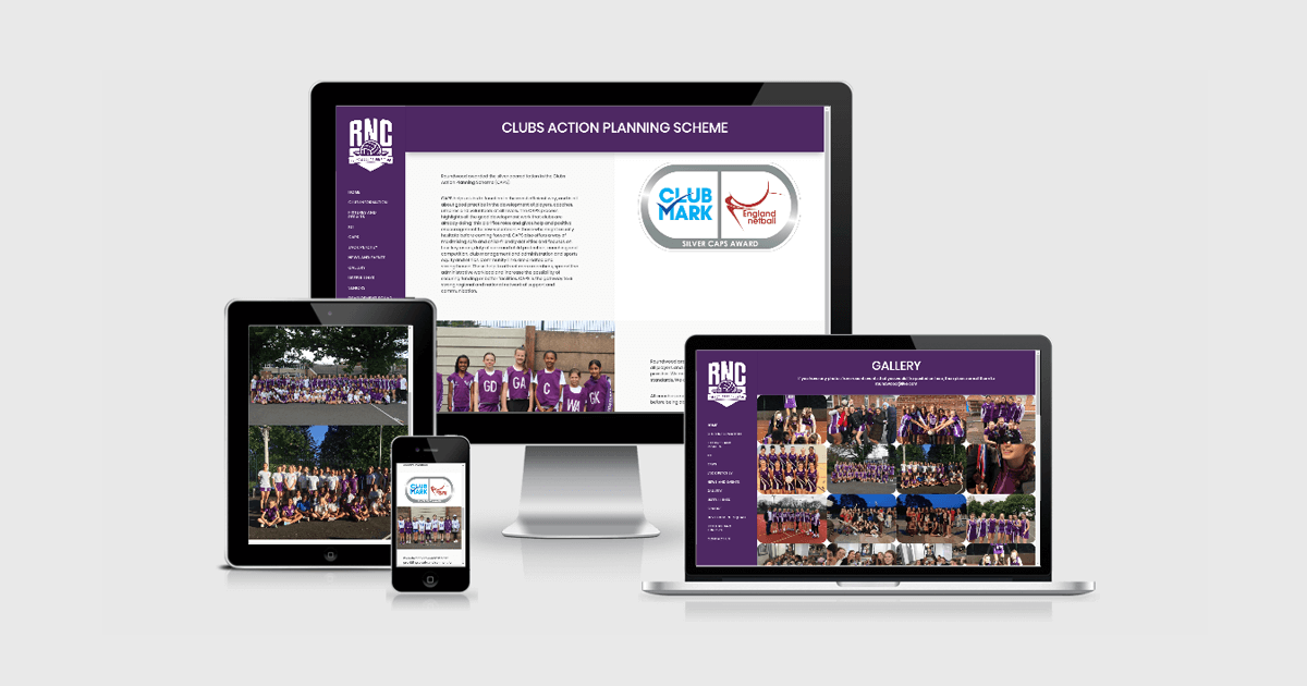 Web design for netball club on desktop laptop tablet and mobile devices